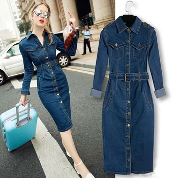 

ZOGAA Jeans Dress Denim Dresses Winter Office Slim Jeans Long Sleeve Mid-Cuff Denim with Belt for Women Jeans Dress Long Dress