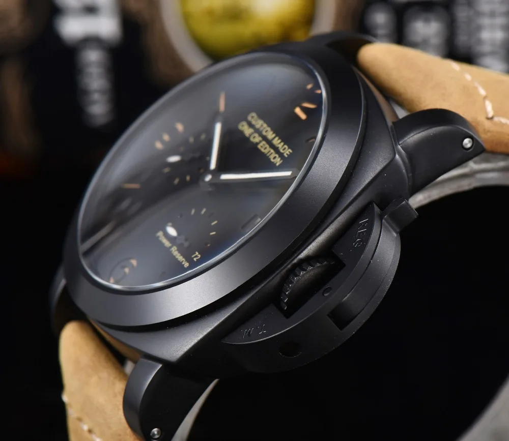 

automatic mens watch 2530 power reserve pam military stainless steel silver case luxury black dial leather strap 05ab