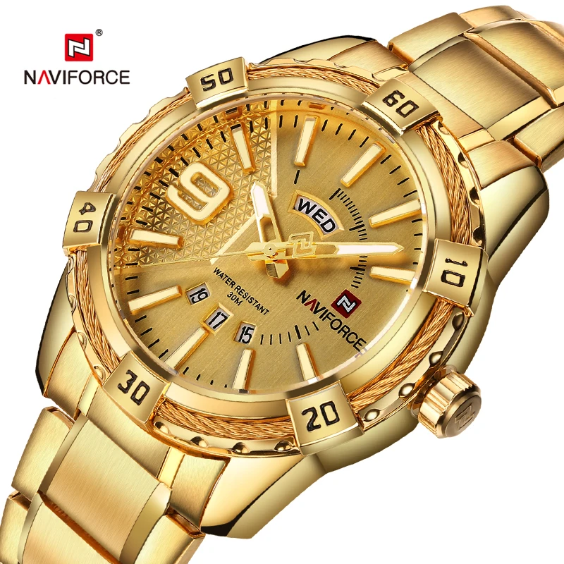 

NAVIFORCE Luxury Brand Mens Sport Watch Gold Full Steel Quartz Watches Men Date Waterproof Military Clock Man relogio masculino
