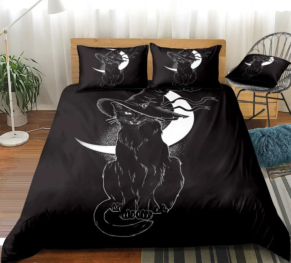 Black Cat Duvet Cover Set Moon Black Background Bedding Set Cool Cat