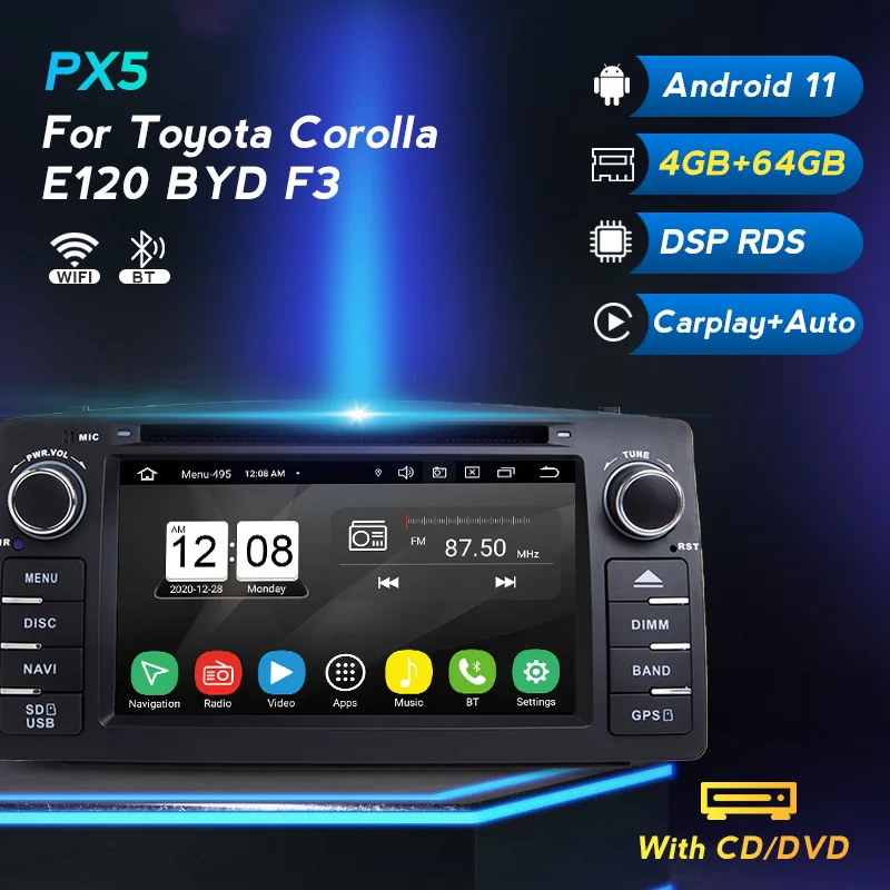 Автомагнитола для Toyota Corolla E120 BYD F3 стерео-система на Android 11 4 Гб ОЗУ 64 ПЗУ с gps и dsp