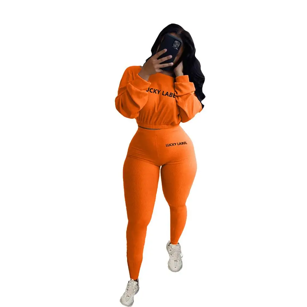 CM.YAYA Activewear Lucky Label Embroidery Ribbed Women's Set Sweater Tops Legging Pant Set Tracksuit Fitness Two Piece Outfits 15