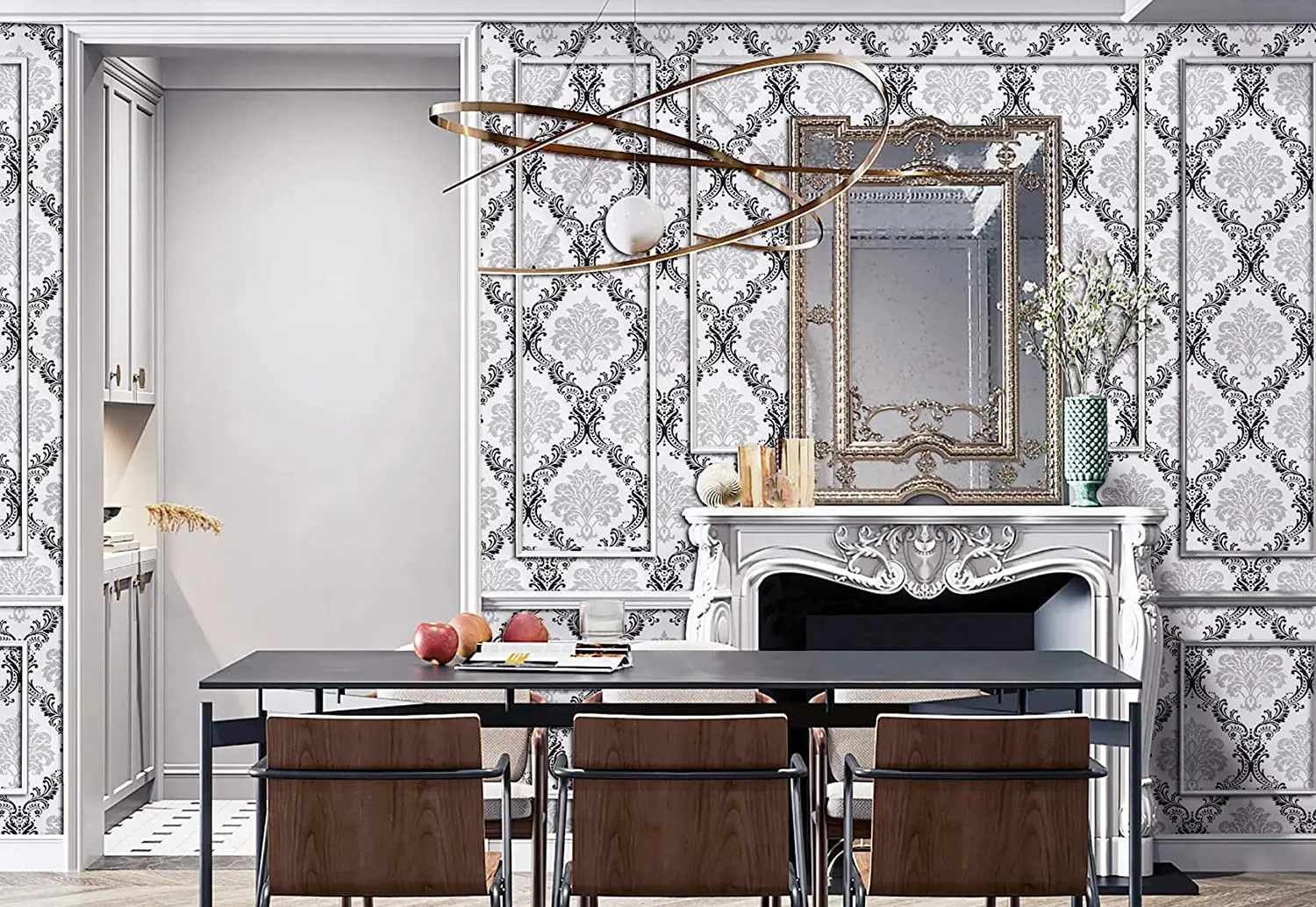 화이트 블랙 필 앤 스틱 벽지, 탈착식 접촉 종이, 장식 다마스커스 벽 종이, 꽃 자체 접착 벽지, 5M