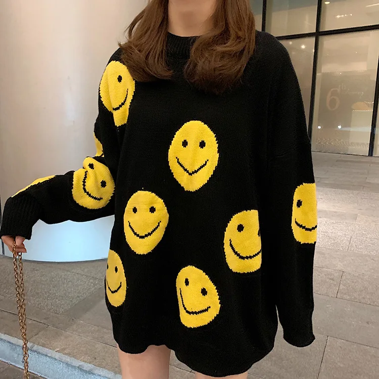 Casual Loose Knitted Women's Smile Face Sweaters - true deals club