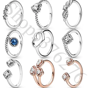 

Real 925 Sterling Silver Geometric Wishbone Heart Stars Angle Wings Europe Ring For Original Women Bead Charm Gift DIY Jewelry