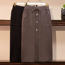 Большие размеры женские офисные юбки-карандаш до колена осень зима с высокой талией faldas negras двубортные вязаные длинные юбки женские F1049