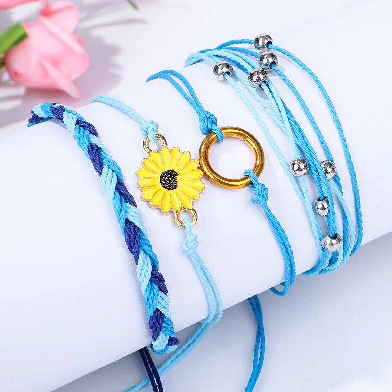 Meetvii New Sunflower Waterproof Wax String Bracelets Set Handmade Braided Rope Charms Boho Surfer Bracelets for Girl Women - Image 3