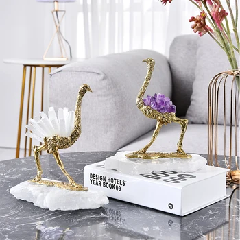 

Luxtry Gold Brass Ostrich Flamingo Statue Natural Spar Sculpture Art Animal Craft Ornament Home Room Office Decor Figurines