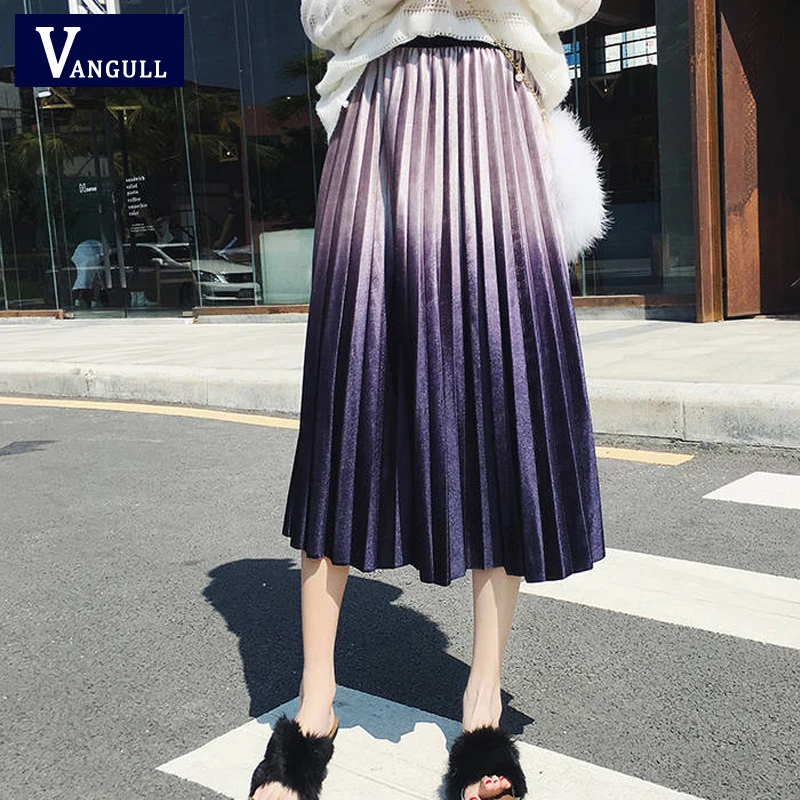 Vangull золотые бархатные женские юбки, градиентные цвета, плиссированные юбки миди, весенне-осенняя винтажная Женская юбка трапециевидной формы с эластичной резинкой на талии