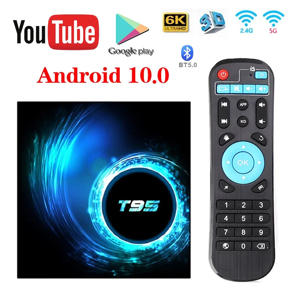 Приставка Смарт-ТВ T95 Android 10 6k 2 4g и 5g Wi-Fi поддержка BT 128g 16g 32 ГБ 64 4k четырехъядерная