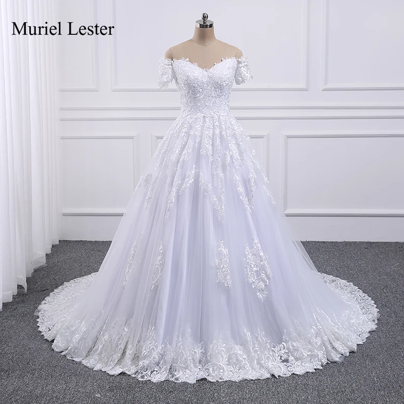 

White A Line Wedding Dresses Off Shoulder V Neck Bridal Gowns Lace Appliques Sweep Train Women Marriage Formal Party Clothing