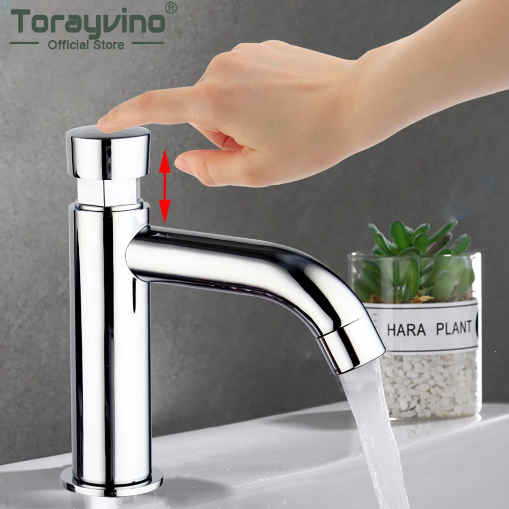 Torayvino Luxury Chrome Polished Time Delay Faucet Basin Sink Deck Mounted Touch Press Auto Self Closing Only Cold Saving Tap |