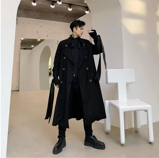S-xl! темно-черный простой мужской красивый свободный длинный двубортный ветровка куртка стримеры декоративное осеннее пальто