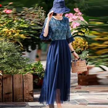 

office lady Retro style 2020 spring summer temperament women's Round collar Cotton linen Fake two piece suit printing dress