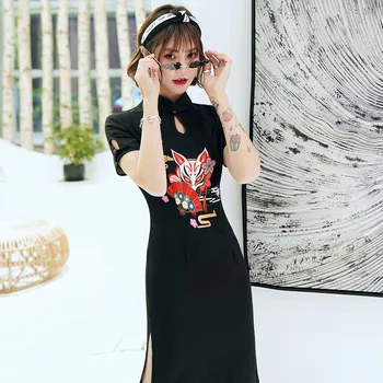 

Black Print Vintage Lady Cheongsam Chinese Style Pattern Women Qipao Evening Party Dress Mandarin Collar Mini Sexy Satin Qipao