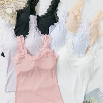 

Women Sexy Lingerie Thread Fairy Vest Lace With Chest Pad Bottoming Comfortable Vest Solid Color Long Vest 6Colors