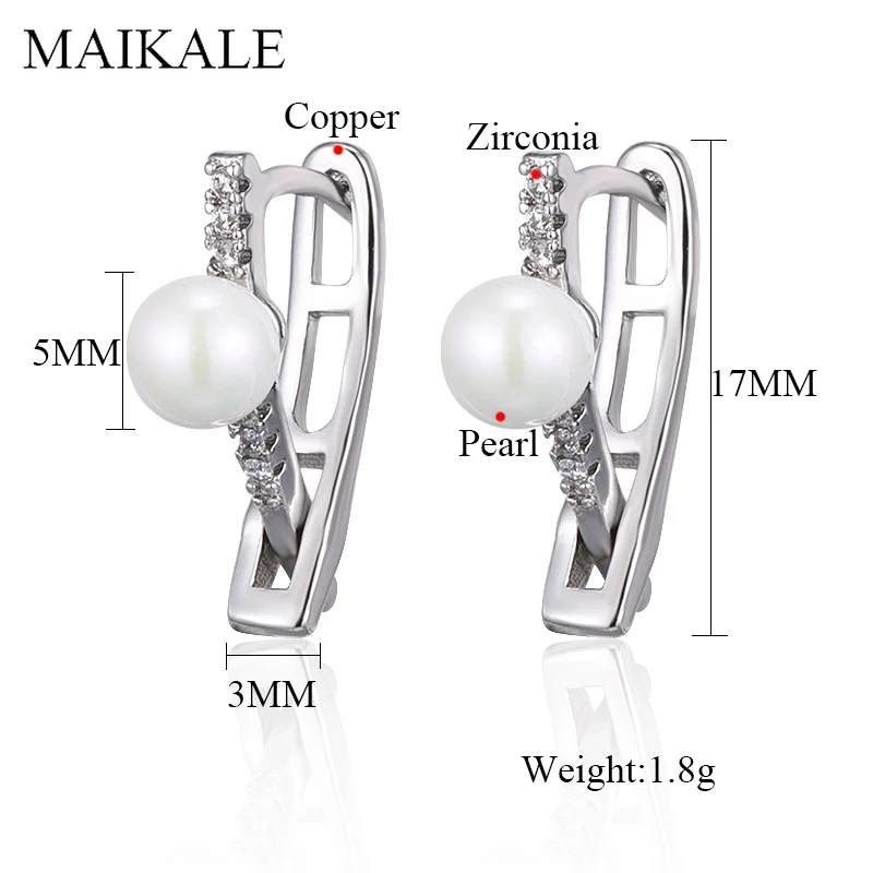 MAIKALE New Fashion V-shape Cross Stud Earrings with Pearl Cubic Zirconia Gold Silver Color Plated Samll Earrings for Women Gift