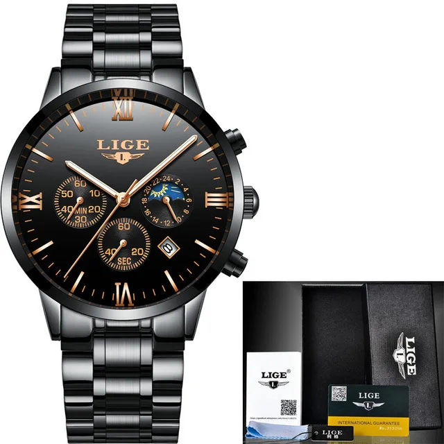 Black Rose gold S LIGE мужские часы лучший бренд кварцевые часы Роскошные Бизнес золотые часы Военные Спортивные Водонепроницаемые наручные часы Relogio Masculino - Цвет: Black Rose gold S