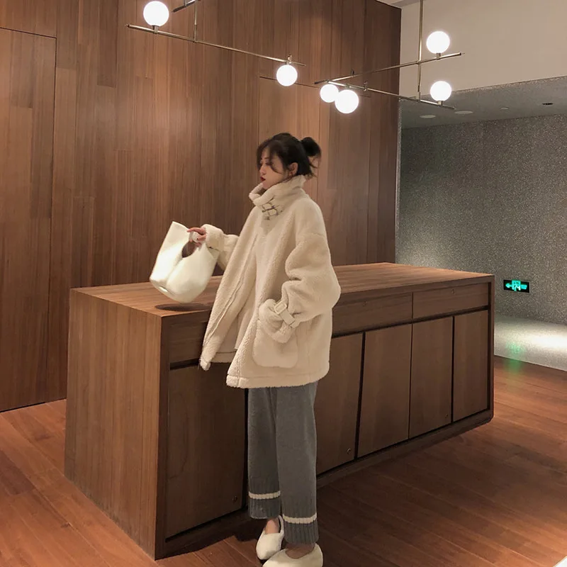

Winter Korean-style CHIC Lambs Wool Coat Women's Hong Kong Style Plush Jackets Fur Loose-Fit INS Lamb Suit