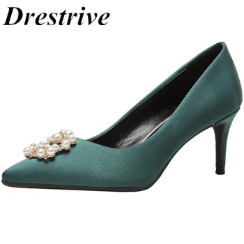 

Drestrive Women Pums Thin Heels Satin Pointed Toe Slip-On Pearl Fastener 2020 Spring Elgant Office Black Female High Heel Shoes