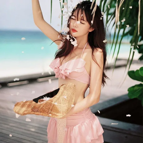 

2015 New Style Small Bust Underwire Push up Beach Skirt Bikini Fresh Flounced Modify Swimsuit Women's