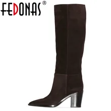 FEDONAS/Брендовые женские сапоги до колена; коллекция года; сезон осень-зима; теплые высокие сапоги из коровьей замши в винтажном стиле; женская обувь для вечеринок; Женские ботинки в западном стиле