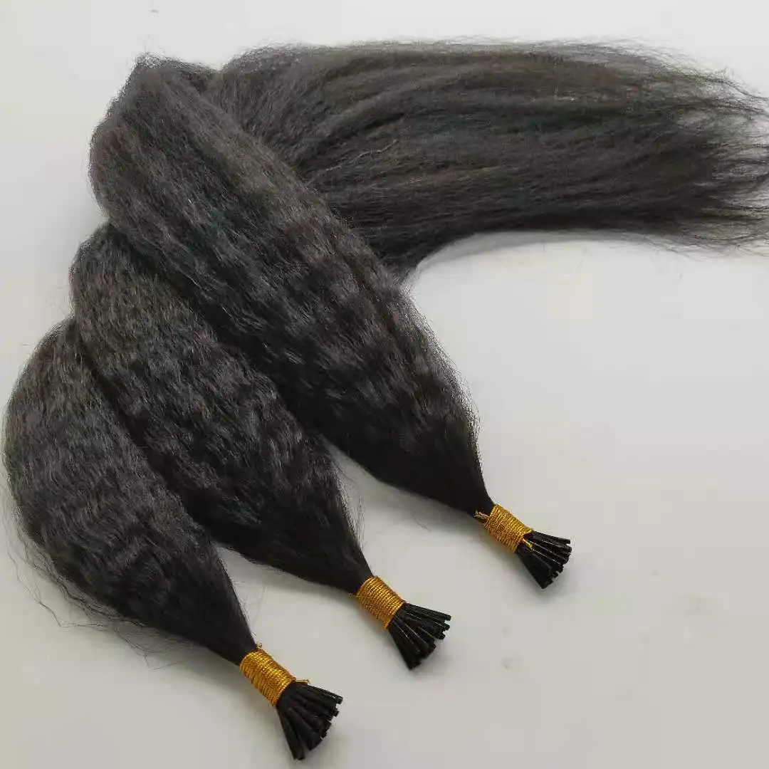 Bluelucky High Quality One Donor Natural Black Virgin Remy I Tip Hair Extension Kinky Straight