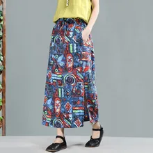 Женские юбки в народном стиле из хлопка и льна с принтом граффити, новинка, брендовые эластичные прямые юбки с разрезом сбоку, Женские винтажные юбки