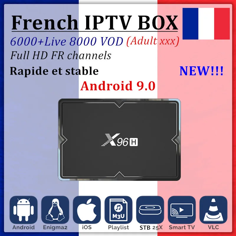 

French IPTV Box X96H smart tv box android 9.0+1 year IPTV subscription for France Spain Portugal Europe IPTV M3U Android tv box