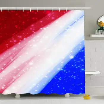 

Shower Curtain Set with Hooks 72x78 Design July Red Banner Graphic White Swirl Color Digital Blue Miscellaneous Star Silver