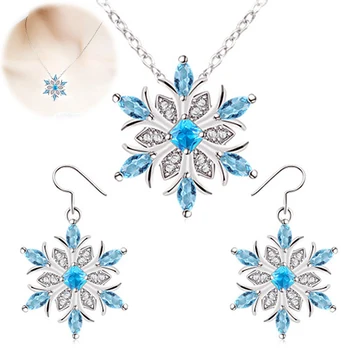 

Blue Zircon Snowflake Necklace Earring Set For Women Wedding Jewelry Charm Rhinestone Snowflake Earring Pendant Necklace