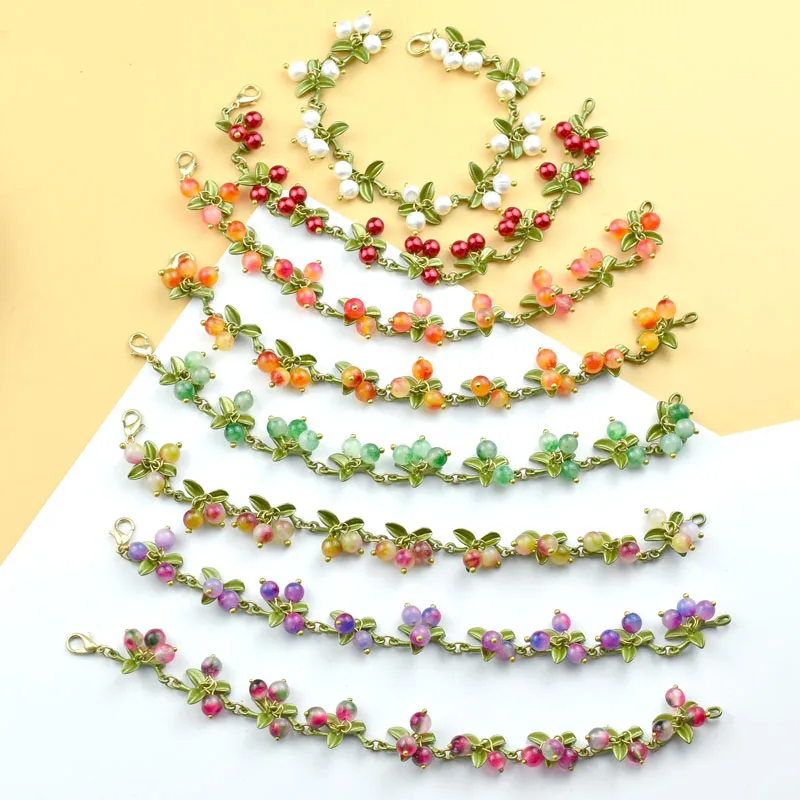 Women Bracelet Jewelry Vintage Beads Berry Blueberry Leaves Bracelet Bangles