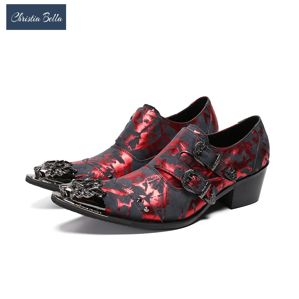 Christia Bella High Heel Men Party Leather Shoes Metal Pointed Toe Print Dress Shoes Wedding