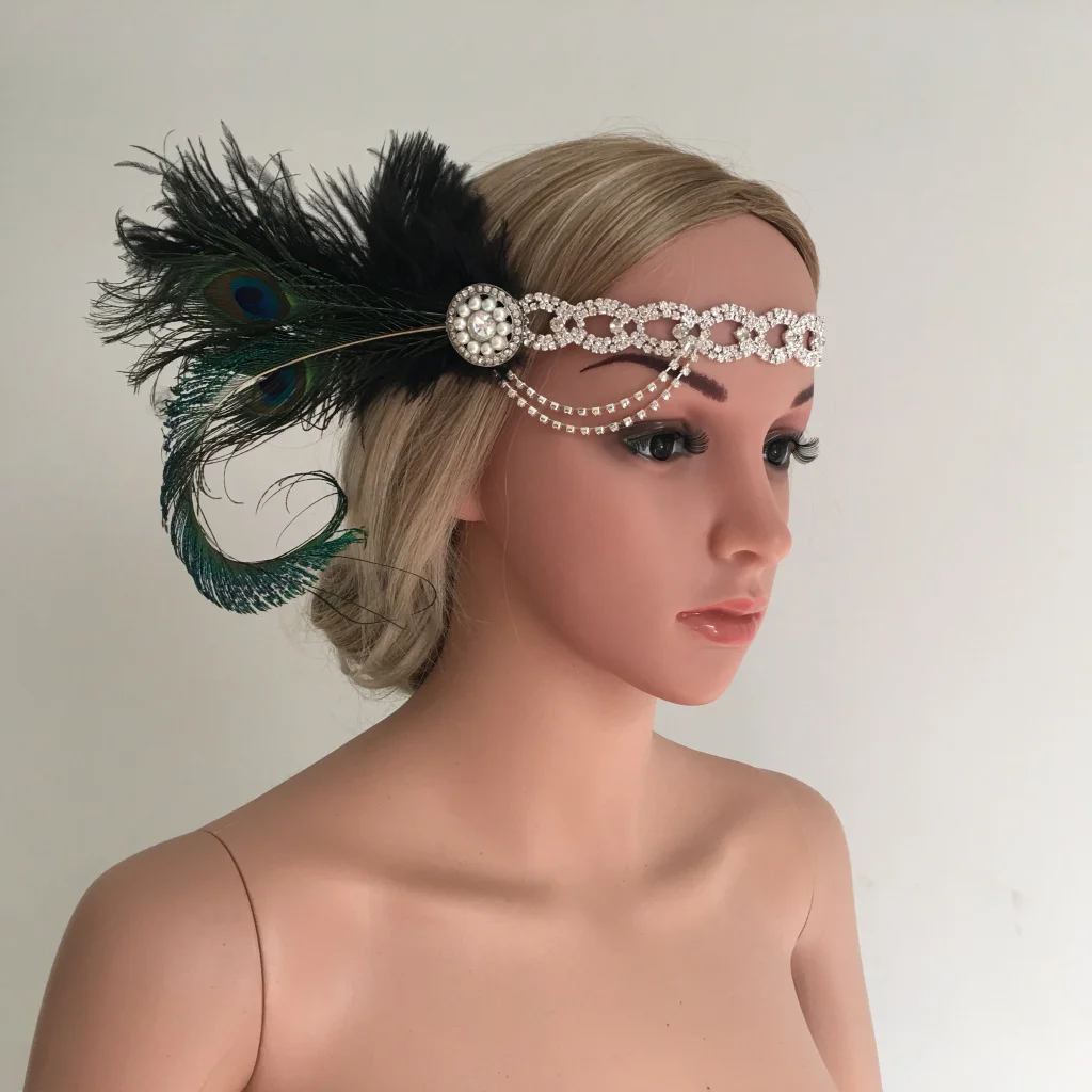 Women Peacock Feather Crystal Chain Tassel Pearls Fascinator 20s Flapper Headband Wedding Party Prom Cocktail Hair Accessory