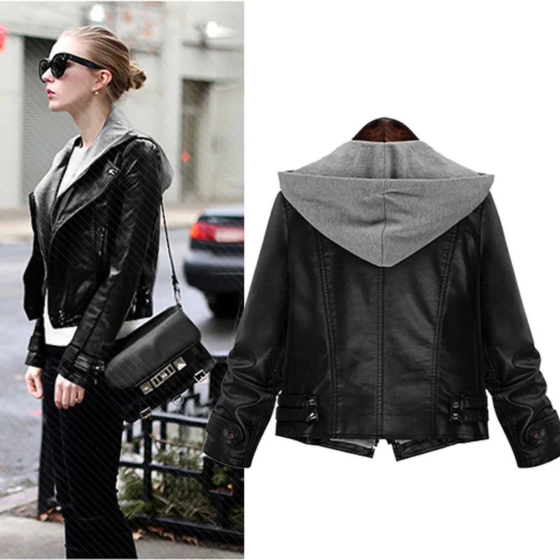 ZOGAA 2020 New PU Leather Woman Coat Short Hooded Jacket America Style Fashion Street Wear One Color XL-5XL Size Women Outwear