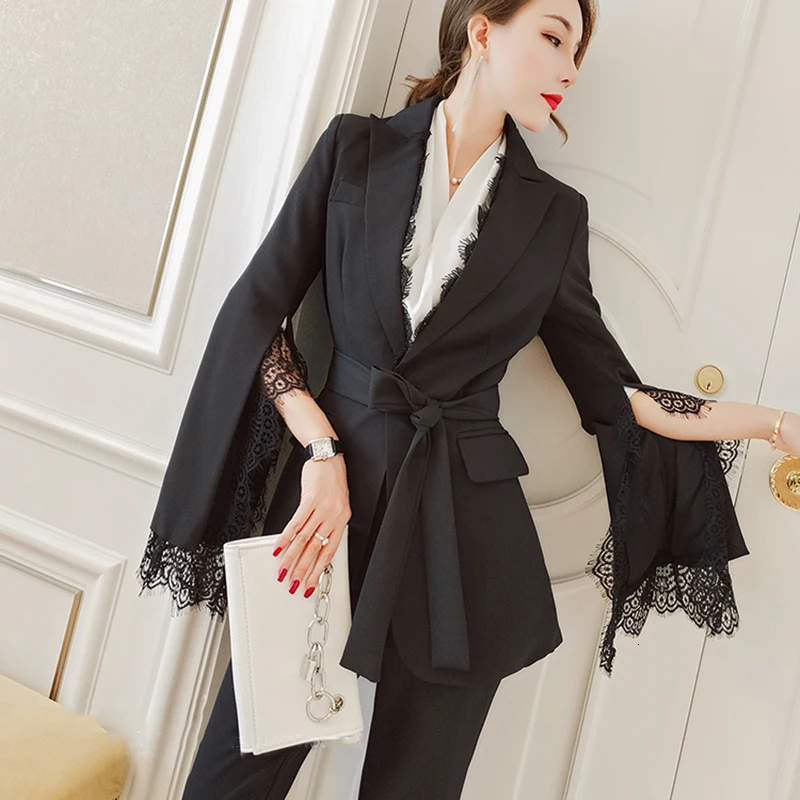 TWOTWINSTYLE элегантный корейский комплект из двух предметов для женщин лоскутный кружевной Блейзер брюки с высокой талией женский костюм осень мода