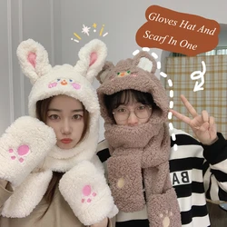 Novel Winter Gloves Hat And Scarf In One Cute Cartoon Bear Rabbit Lamb Plush Warm Thickened Ear Brown Caps For Women Girl Gift