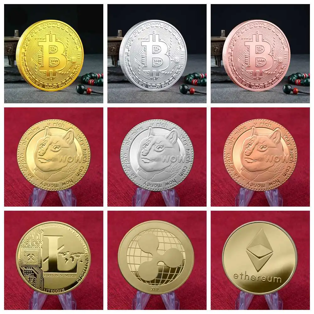 Moneda de Bitcoin Dogecoin TRX Ada Cardano QTUM IOTA, monedas conmemorativas, chapadas en oro/plata