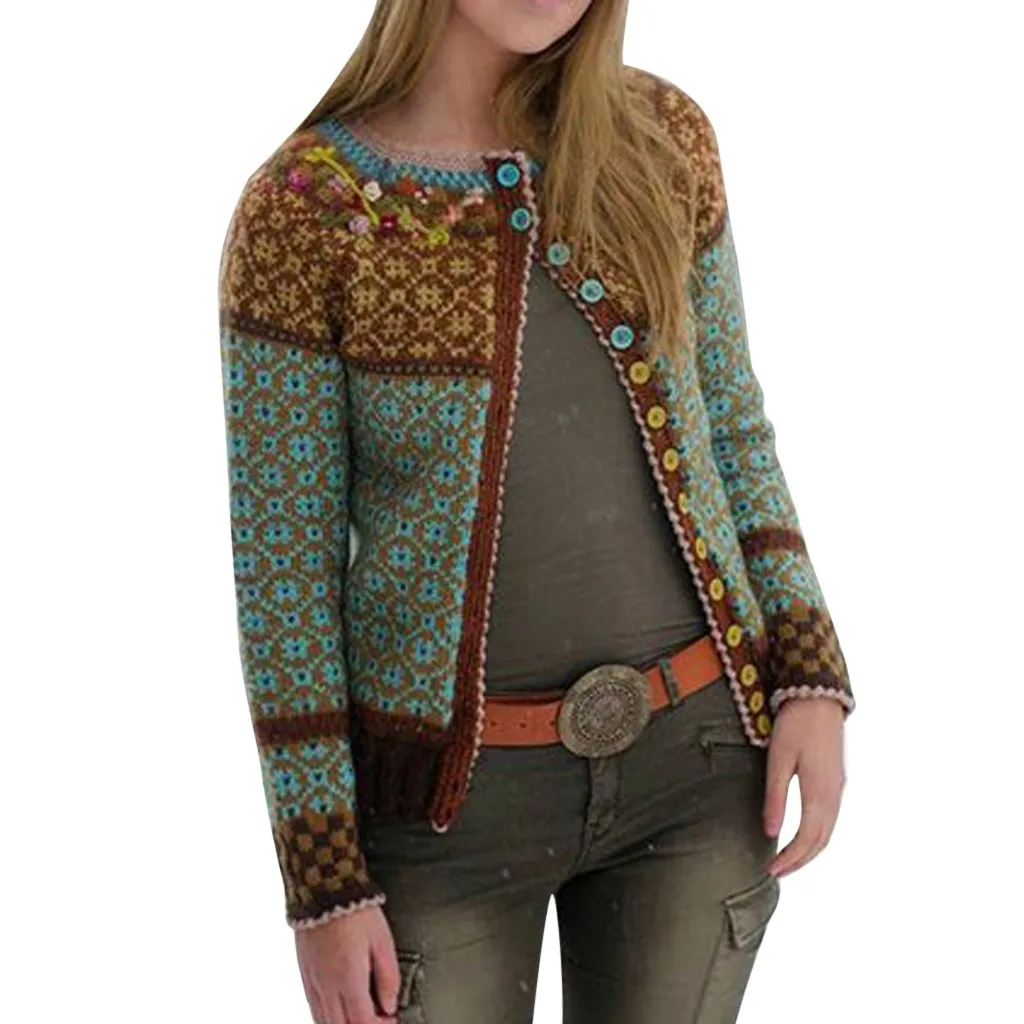 JAYCOSIN одежда Для женщин зимние теплые Boho печати пальто модная одежда с длинными рукавами с О-образным вырезом Кнопки куртки кардиган Feminino 1022