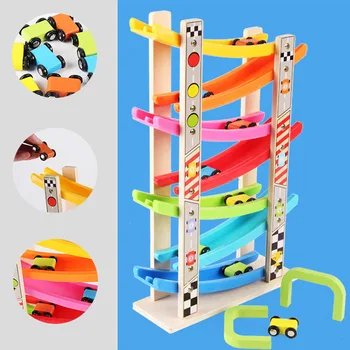 

Kids Track Building Blocks Wooden Toys Child Glider Inertial Orbit Pulley with 8 Cartoon Educational Ladder Gliding Toys