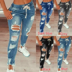 Drawstring denim jeans para mulher rasgado buraco estiramento jean senhoras plus size comprimento total lápis calças