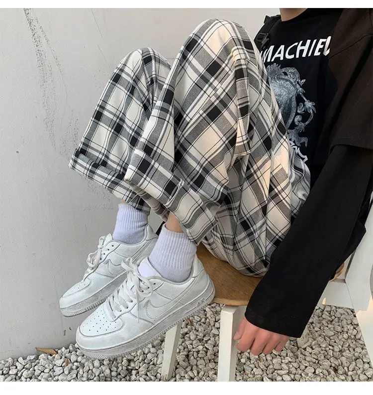 HOUZHOU Plaid Pants Men Linens Korean Checked Trousers Male Streetwear Fashion Bottoms Summer Wide Leg Pants Harajuku Breathable