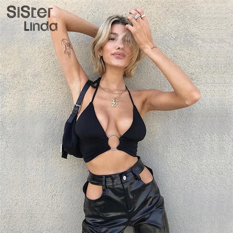 Sisterlinda, женские укороченные сексуальные топы, ремни, глубокий вырез на кольце, перед открытой спиной, бюстье, бикини, женский короткий жилет