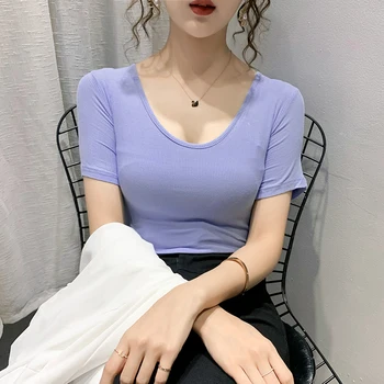 

Size S-2XL Solid V-neck Cotton Basic Slim T-shirt New Female Short Sleeve Simple Tshirts Tops For Girls 2020 Summer Tees