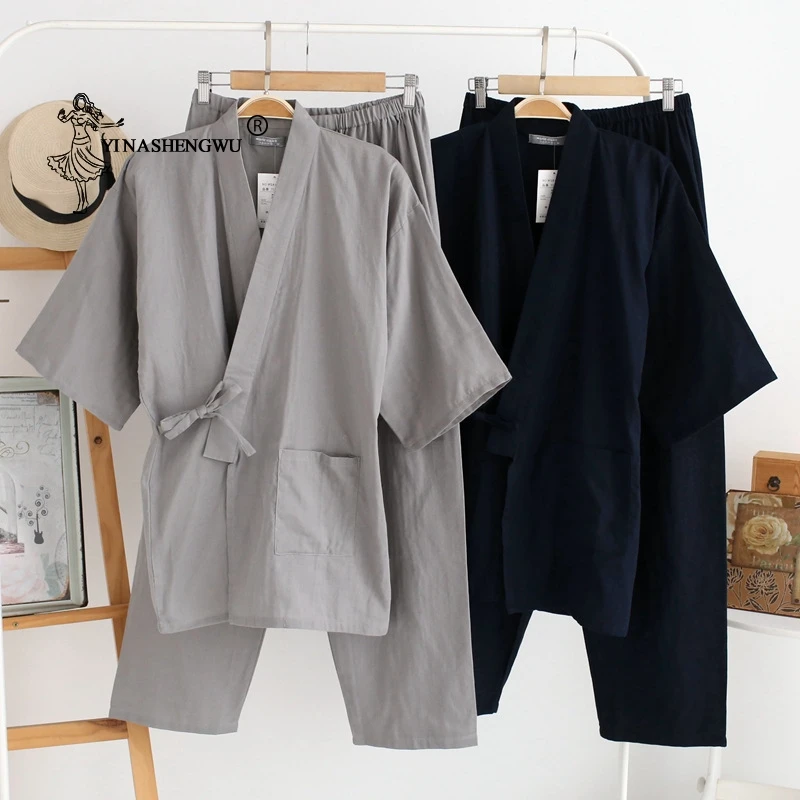 Japanese Men Kimono Cardigan Traditional Pajamas Set Cotton Simple Kimono Yukata Nightgown Bathrobe Casual Comfortable Homewear