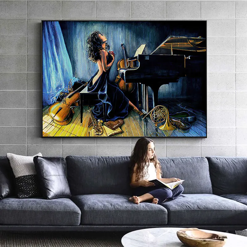 Woman Surrounded by Instruments Painting Printed on Canvas