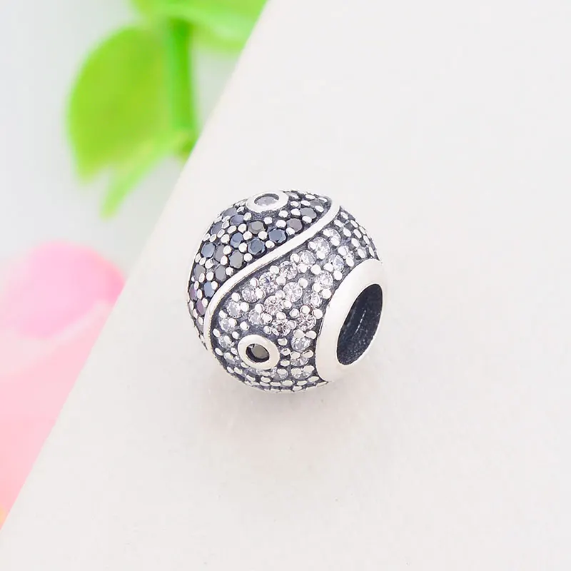 Браслет Pandora Charms из стерлингового серебра 925 пробы Инь Ян с большим отверстием, хрустальные бусины, украшения со стразами для женщин, DIY ювелирные изделия