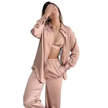 

Satin Pajamas For Women 3 Piece Turn Down Collar Long Sleeve Tops Bra Female Sets With Pants Solid Home Wear Casual