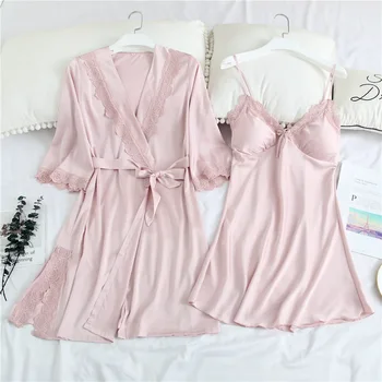 

Pink Bride Bridesmaid Wedding Robe Lace Patchwork Women Nightdress Satin Sleepwear 2PCS Nighty&Robe Suit Sexy Intimate Lingerie