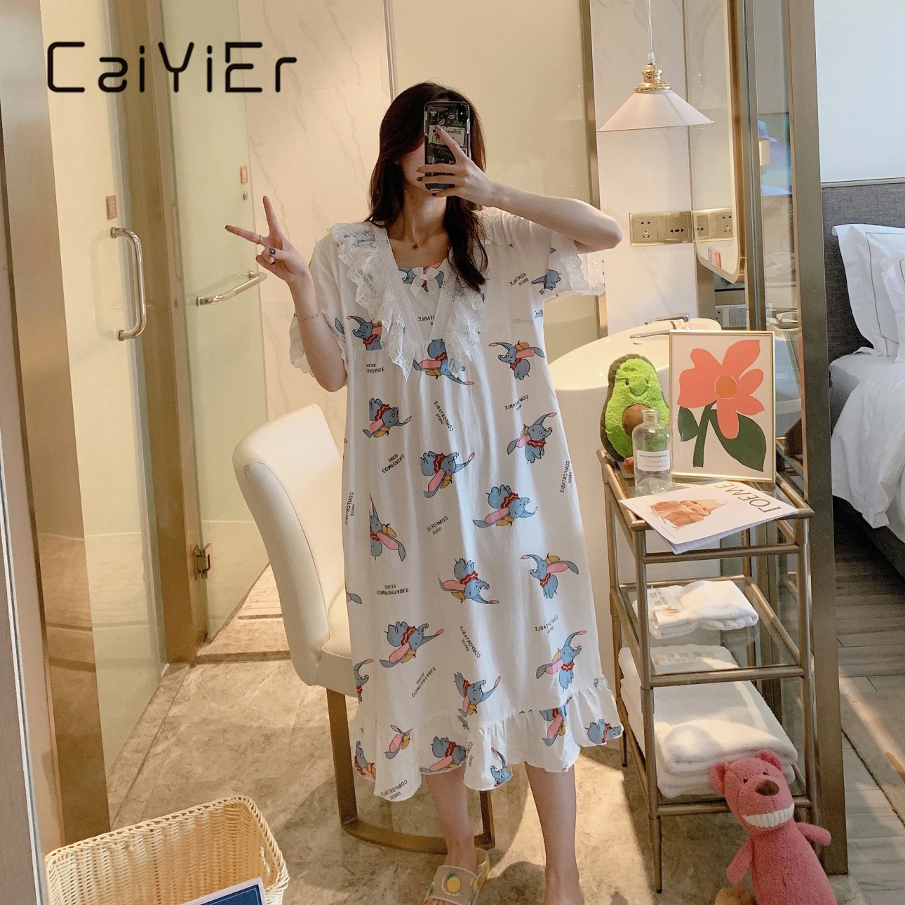 

CAIYIER Women Cartoon Cotton Dumbo Night Dress Sexy Lace Short Sleeve Nightdress Summer Loose Casual Lovely Mickey Sleepshirts